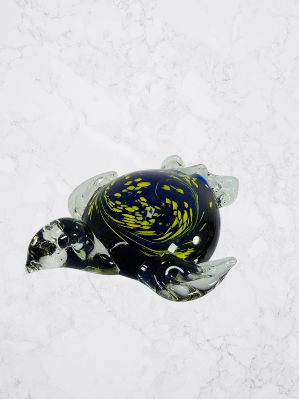 Blown Art Glass Sea Turtle Ocean Sea Cobalt Blue Yellow Clear Large Paperweight - Picture 2 of 8